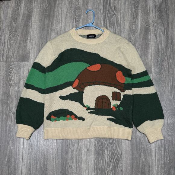 Cider Sweaters - Cider Pullover Sweater Floral Mushroom Print Colorful Fairycore Grandma Size L